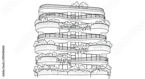 Modern architectural building with curved balconies and greenery