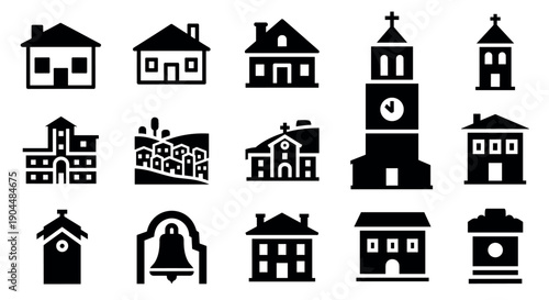 Set of silhouette buildings with churches, houses, and towers icons