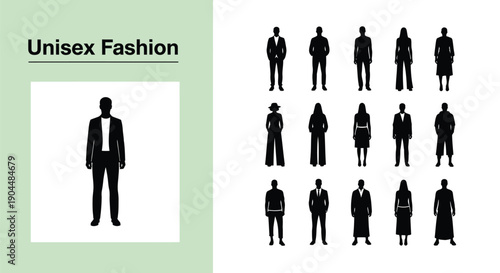 Black and white silhouette figures showcase a diverse collection of modern unisex fashion styles suitable for various occasions and body types in graphic design