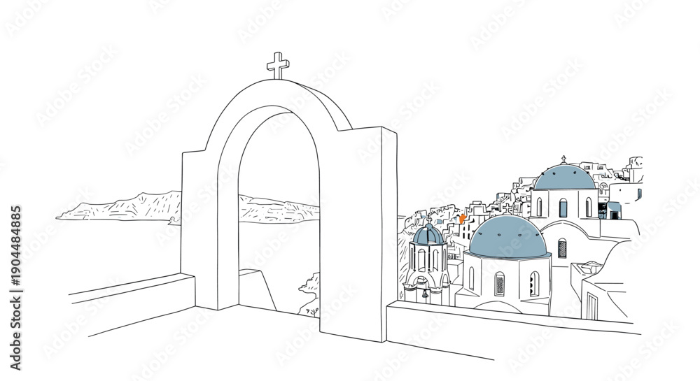 Fototapeta premium Minimalist line art of santorini architecture with blue domes