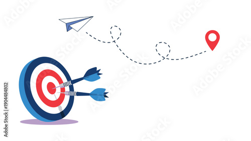 Business strategy concept featuring a target with arrows and a paper plane flying along a path toward a red location pin marker.