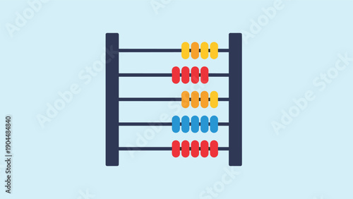 Traditional abacus with colorful red, yellow, and blue beads on a light blue background, representing math and calculation history.