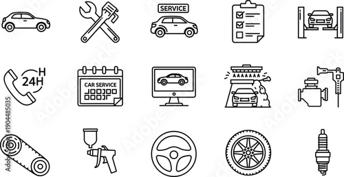 Car service and auto repair icons set, vehicle maintenance inspection washing tools parts symbols, mechanic workshop support elements, professional garage line style vector illustration