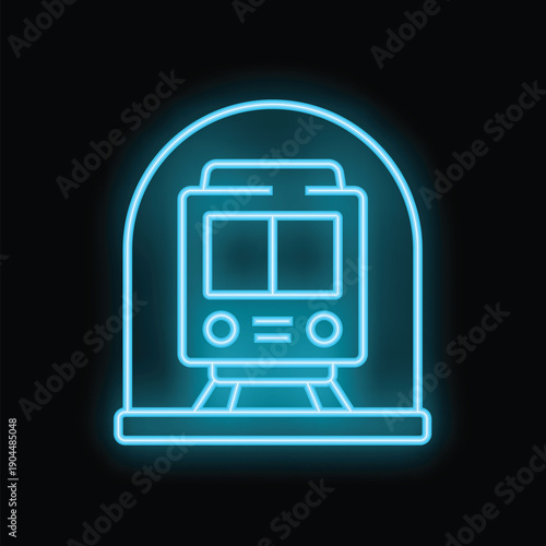 Neon blue icon of a train arriving at subway station glowing on black background
