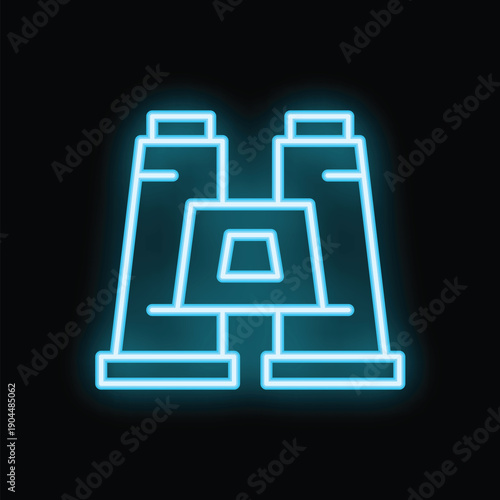 Blue neon sign depicting a pair of binoculars, glowing brightly against a dark background