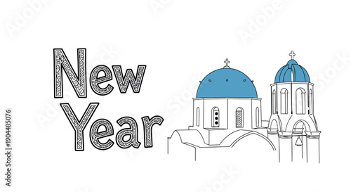 New year celebration in santorini with iconic blue domes and festive typography
