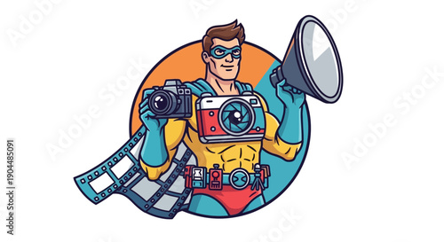 Dynamic media superhero expertly capturing visual stories with a camera and broadcasting messages via a megaphone, embodying powerful content creation and communication skills