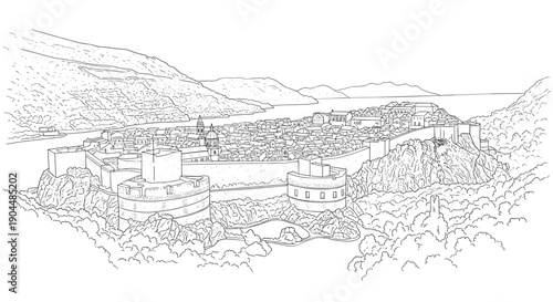 Detailed linear drawing of historic coastal fortress with scenic mountain and sea views