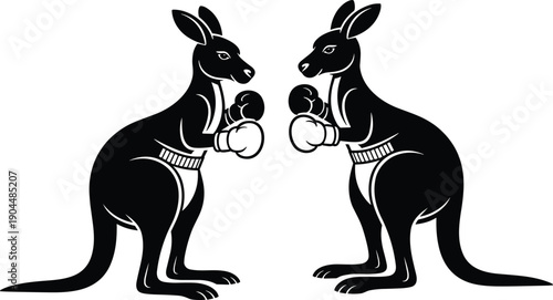 Kangaroo boxing illustration, animal silhouettes, sports artwork, fighting stance, black and white design, playful concept, entertainment theme, humorous artwork, competition