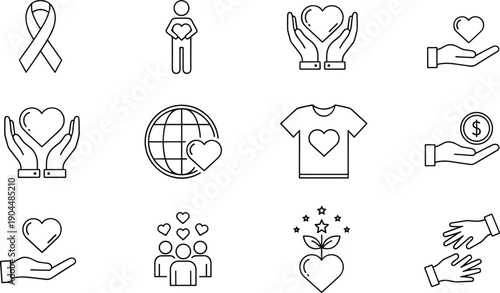 Charity and donation line icons set, heart care, fundraising, volunteer support, global help, social responsibility, nonprofit aid, minimal black outline design