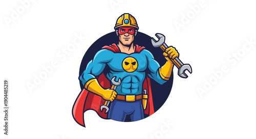 Powerful cartoon icon depicting a dedicated repairman with superpowers, ready to fix any issue with tools, efficiency, and a heroic attitude, symbolizing reliable service