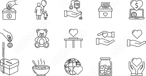 Charity and donation icons set, fundraising volunteer support voting healthcare love symbols, minimal line vector illustration for nonprofit, community service, and social responsibility design