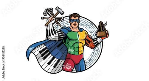 Dynamic music hero with a vibrant keyboard cape, skillfully wielding sound production tools, symbolizing creative audio artistry and entertainment excellence