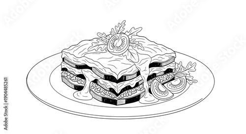 Black and white sketch of tiramisu dessert with tomatoes and greens on a plate