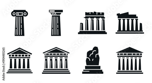 Ancient greek architecture icons in classic silhouette style