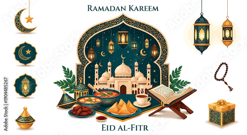 Ramadan Kareem and Eid Al-Fitr Islamic celebration with mosque, dates, food, and lanterns