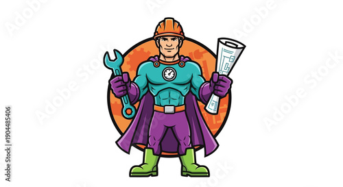 Vector illustration of a superhero builder mascot in a hard hat and cape, holding a large wrench and blueprints for construction or repair service