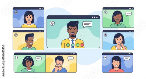 Remote team meeting on video call with diverse people on computer screens in virtual conference