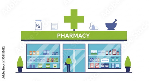 Pharmacy storefront with green cross and shelves of medicine and products