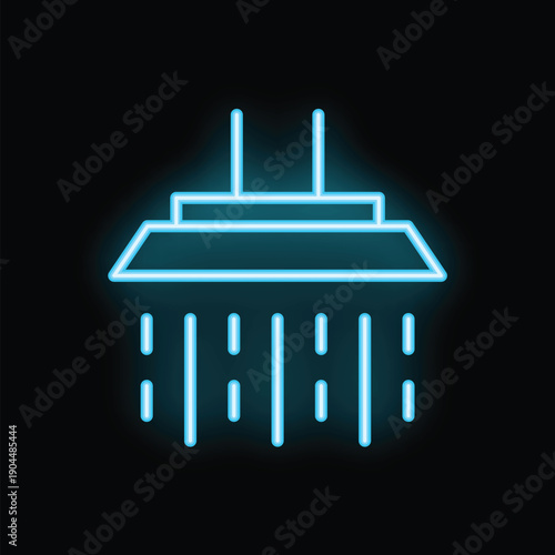 Blue neon shower head glowing on dark background, representing bathroom and cleanliness