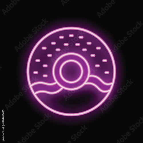 Neon sign showing a delicious glazed donut with colorful sprinkles, glowing on a dark background