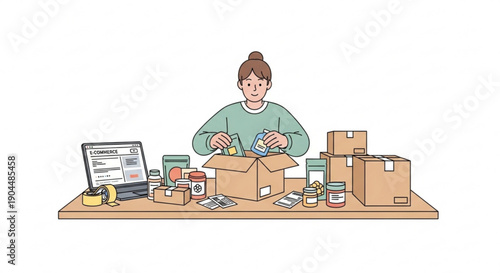 Woman packing goods into boxes on a cluttered desk with laptop and various items for shipping