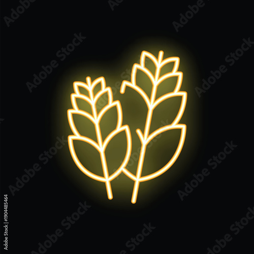 Yellow neon icon of two ears of wheat glowing on black background