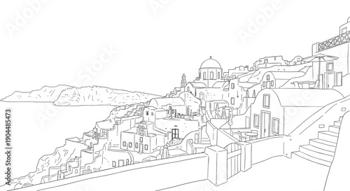 Scenic linear drawing of santorini village architecture with stunning seascape