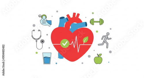 Healthy heart with fitness icons wellness concept healthy lifestyle medical symbols and nutrition elements
