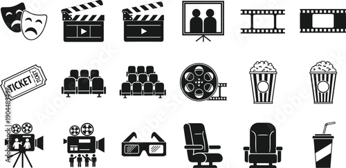 Cinema and movie theater black icon set featuring film reels, clapperboards, theater seating, popcorn, 3D glasses, movie tickets, and video projector production symbols.