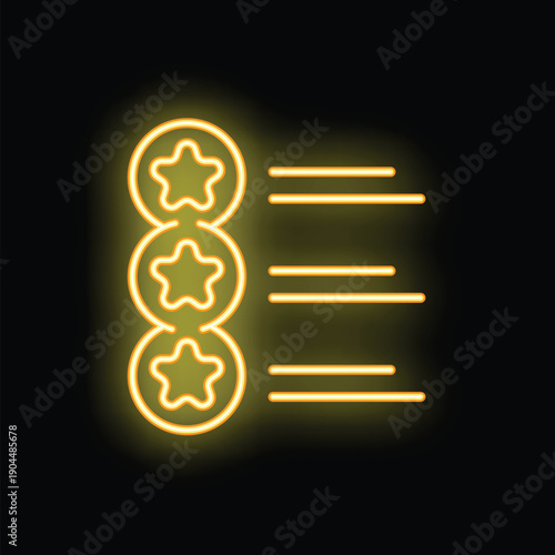 Yellow glowing neon icon of a three stars ranking system with lines for customer satisfaction review