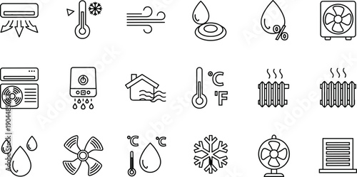 Climate control and HVAC line icon set featuring air conditioner, heater, thermometer, ventilation fan, snowflake, humidity, water drops, and home temperature regulation symbols