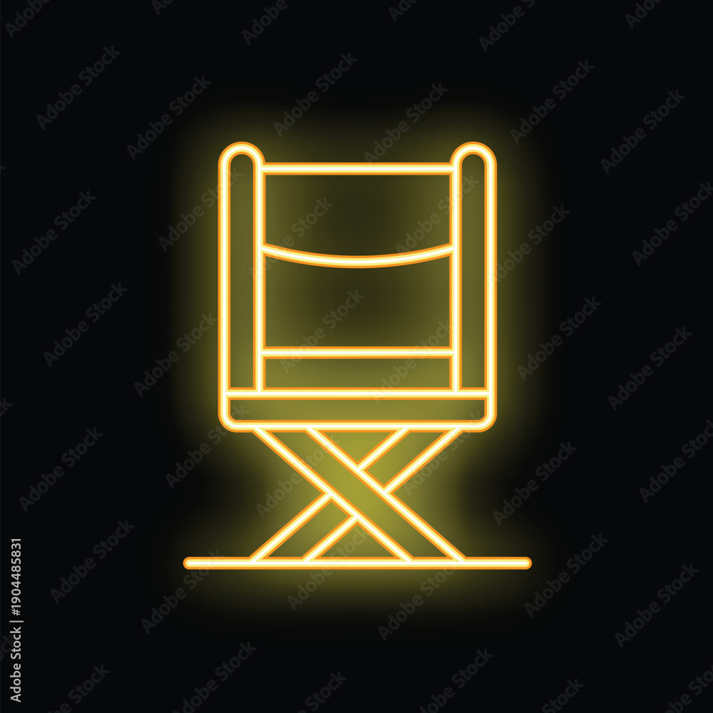Fototapeta premium Neon icon of a director's chair glowing yellow against a dark background, evoking the entertainment industry