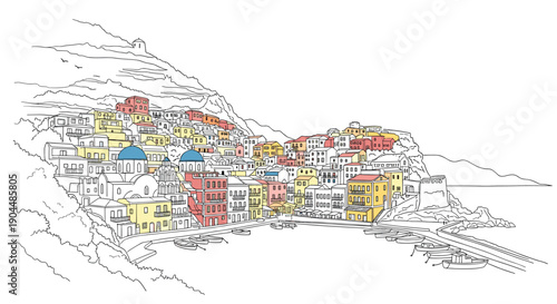 Colorful coastal village on hillside with boats and charming buildings in line art style