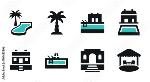 Tropical resort icons: pool, palm tree, modern building, gazebo in black and blue silhouette style