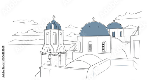 Minimalist santorini skyline with blue domes and white architecture