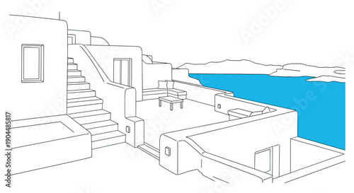 Minimalist linear illustration of santorini terrace with sea view and white architecture
