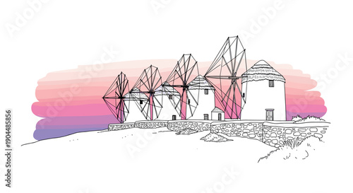 Mykonos windmills against a pastel sunset: hand-drawn linear art