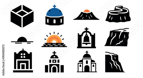 Minimalist icons of landmarks, architecture, and natural wonders