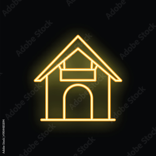 Neon sign representing a dog house, glowing yellow on a black background