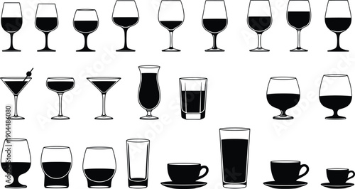 Collection of drink glass silhouettes including wine cocktail beer coffee cups, bar cafe beverage container set, black and white vector icons for hospitality design