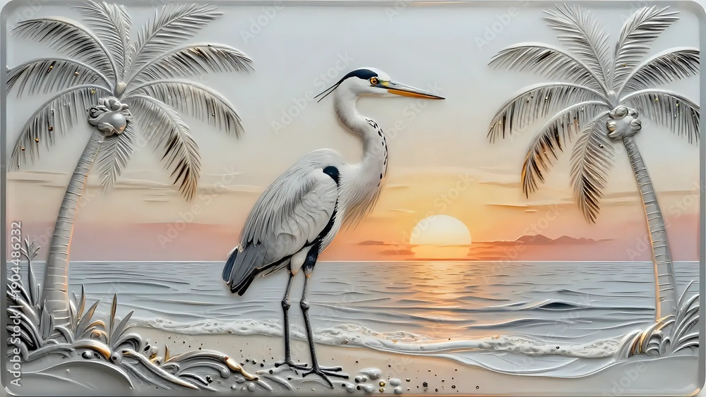 Naklejka premium Heron on the beach and sunset I Wall Decor 