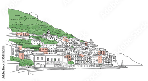 Coastal townscape sketch with vibrant buildings and lush greenery