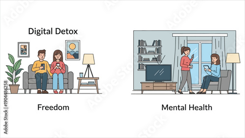 Women Resting from Gadgets and Social Media, Flat Style Vector Illustration.