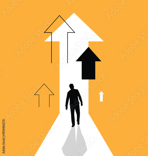 Successful Business Man Silhouette Walking with Arrows in the Background. People at work solving problems, building sales and overcoming difficulties vector art