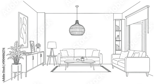 Modern linear living room design with stylish furniture and decor elements