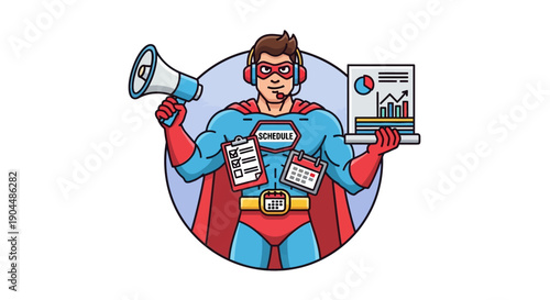 Cartoon superhero character with a laptop and megaphone, representing a powerful business manager for ultimate productivity and organization