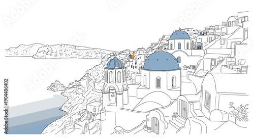 Santorini coastal scene with blue domes in minimalist sketch style