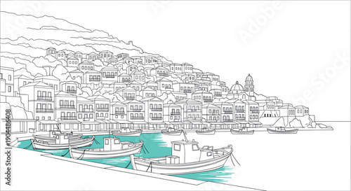 Coastal town watercolor style drawing with boats and houses