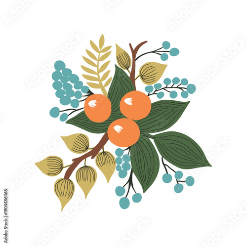 Hand-Drawn Autumn Botanical Bouquet with Berries and Oranges